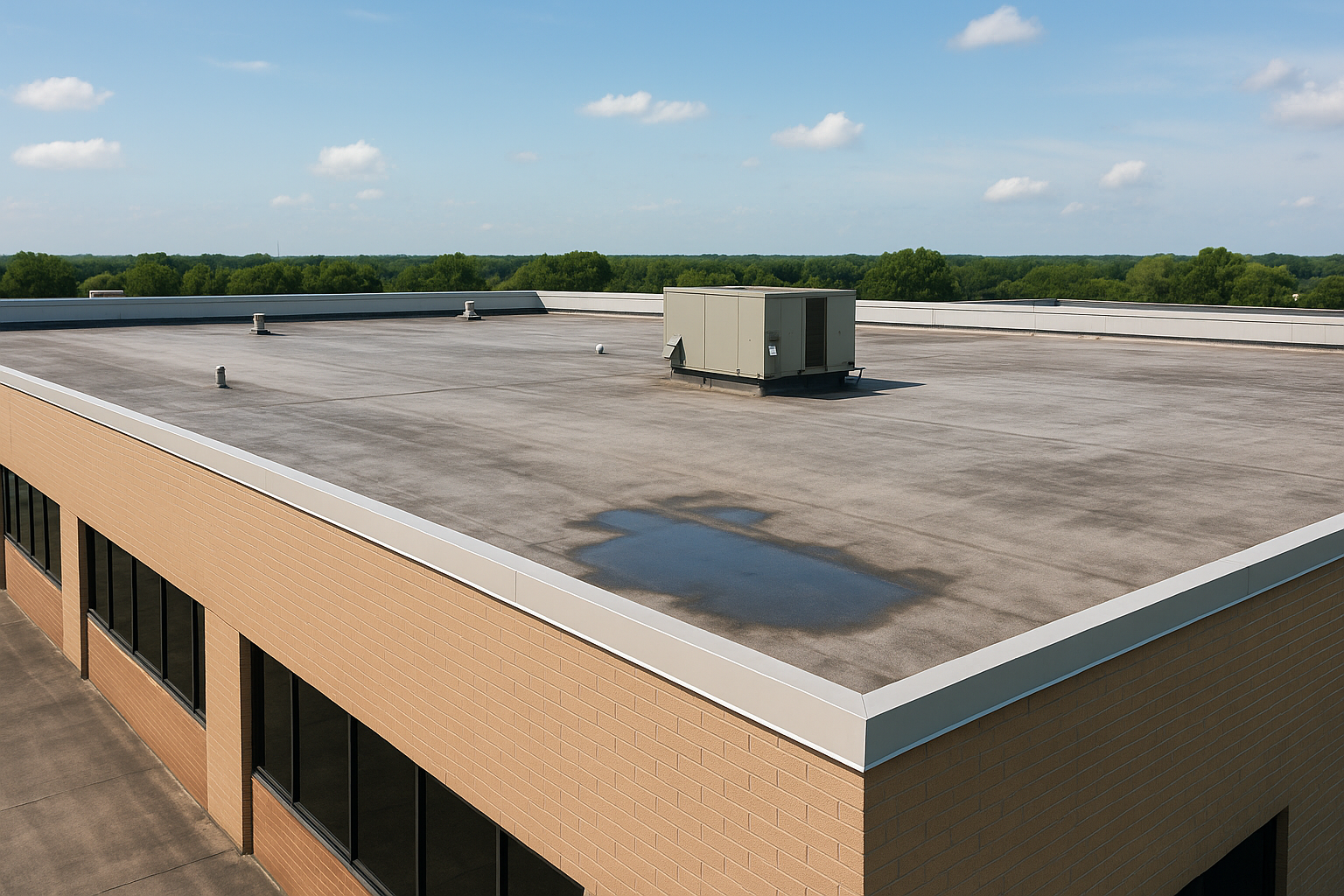 A commercial building with a large flat roof, showing minor water pooling and some visible wear from sun exposure
