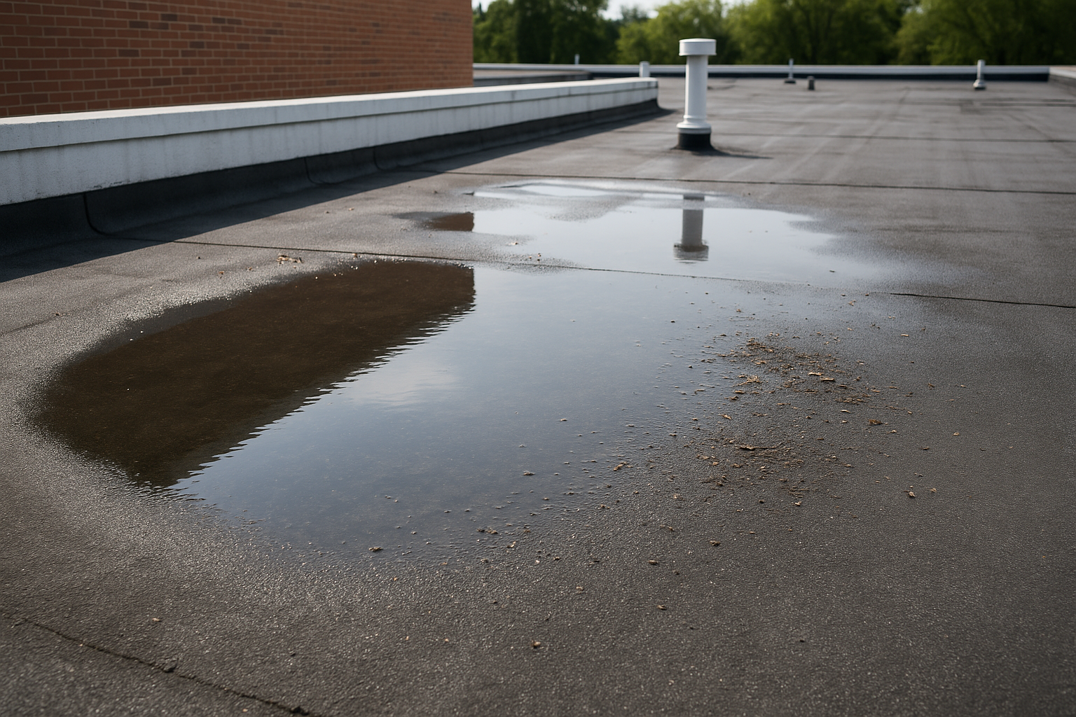 Close-up of a flat commercial roof with visible water pooling and minor debris accumulation