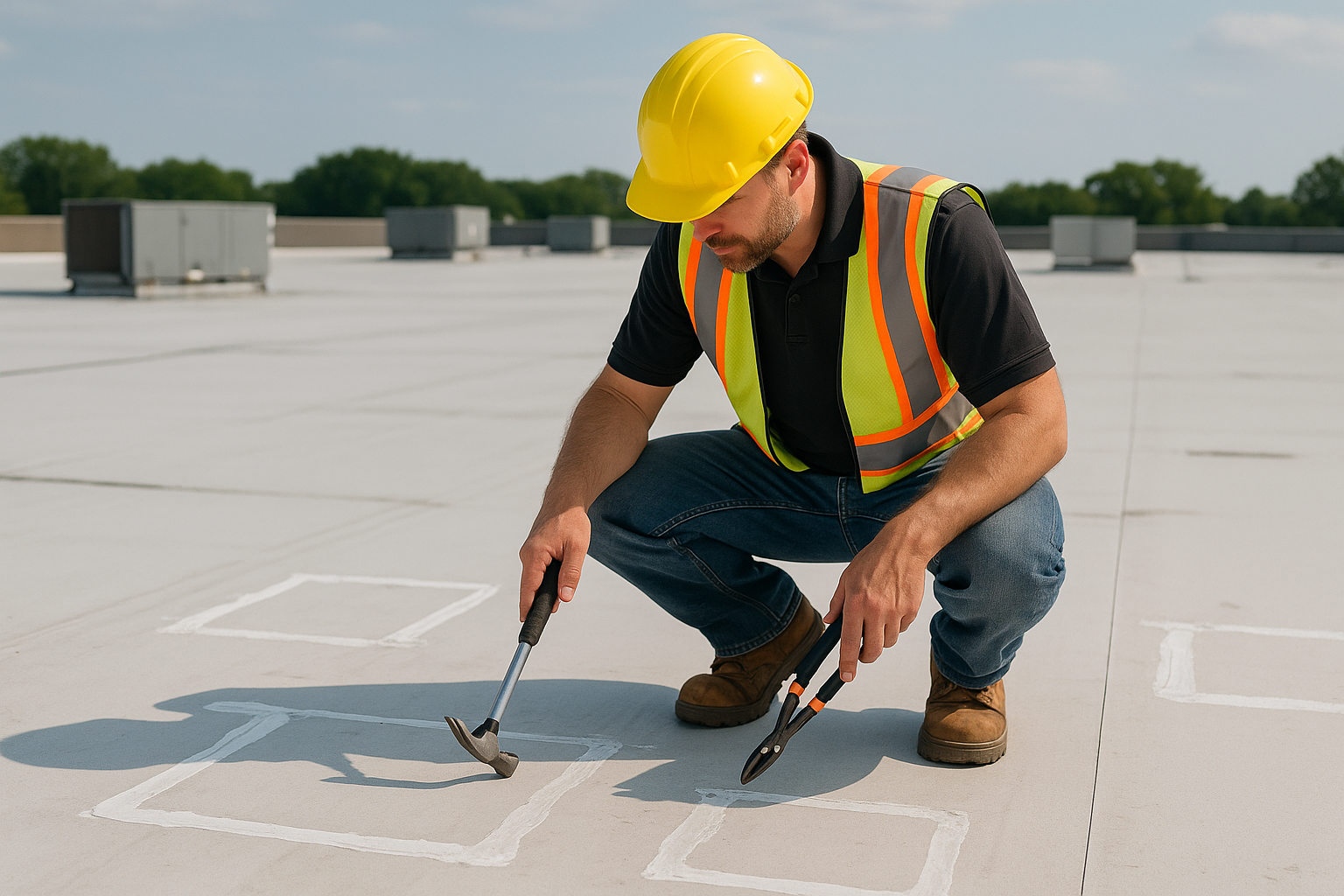 A professional roofer inspecting a large commercial roof with visible repair markings and tools in hand