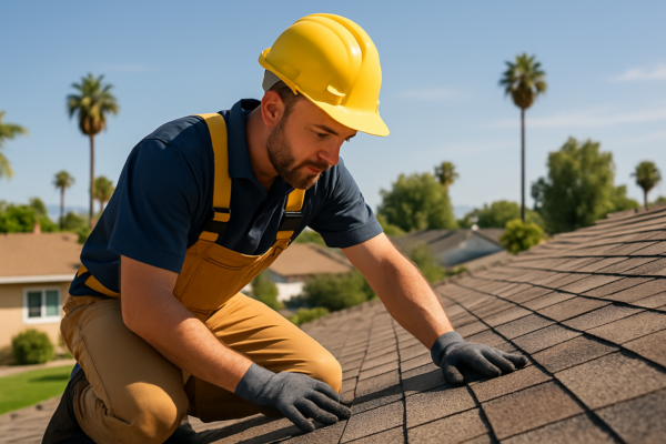 A professional roofer inspecting a shingle roof for damage, with a residential neighborhood in the background on a sunny California day