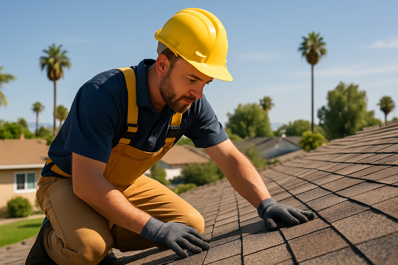 A professional roofer inspecting a shingle roof for damage, with a residential neighborhood in the background on a sunny California day