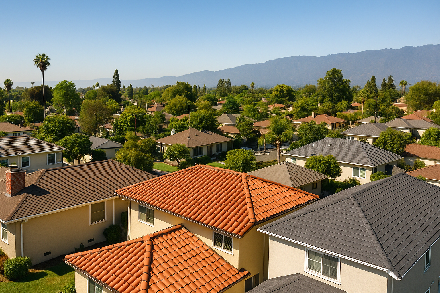 An aerial view of a residential neighborhood in San Gabriel Valley, highlighting various roof types under the clear blue California sky