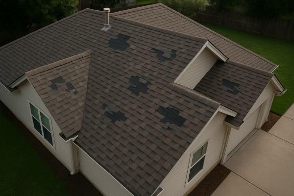 Aerial view of a residential roof with visible damage and missing shingles