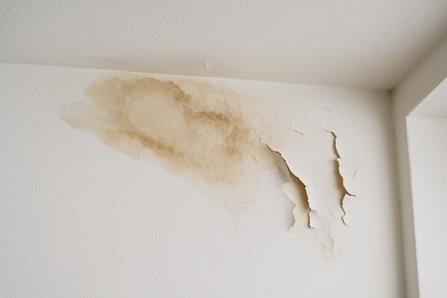 Close-up of a water-stained ceiling with peeling paint, indicating a potential roof leak