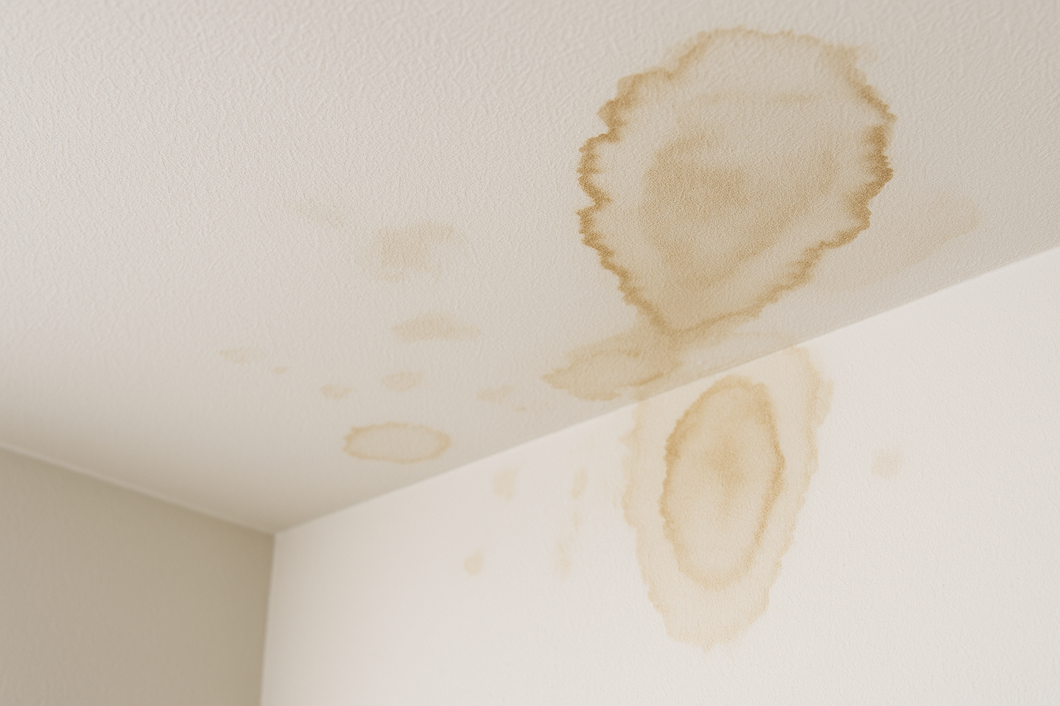 A close-up of water stains on a ceiling, indicating a roof leak