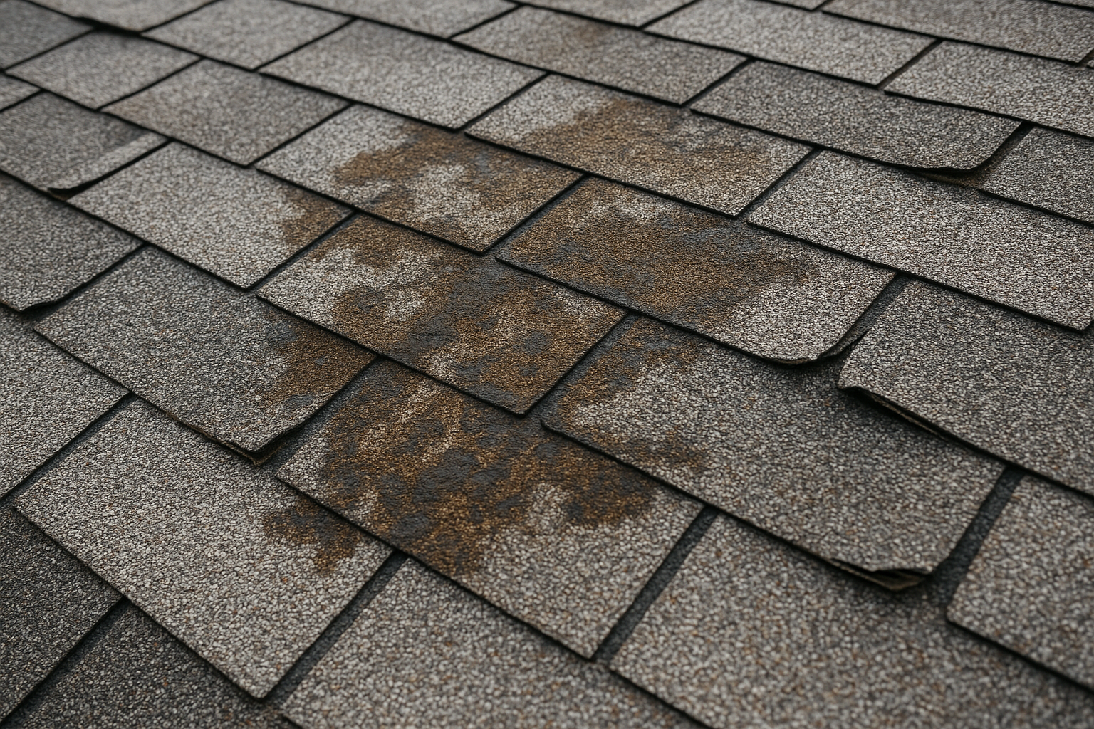 Close-up of damaged asphalt shingles with visible water staining and curling edges