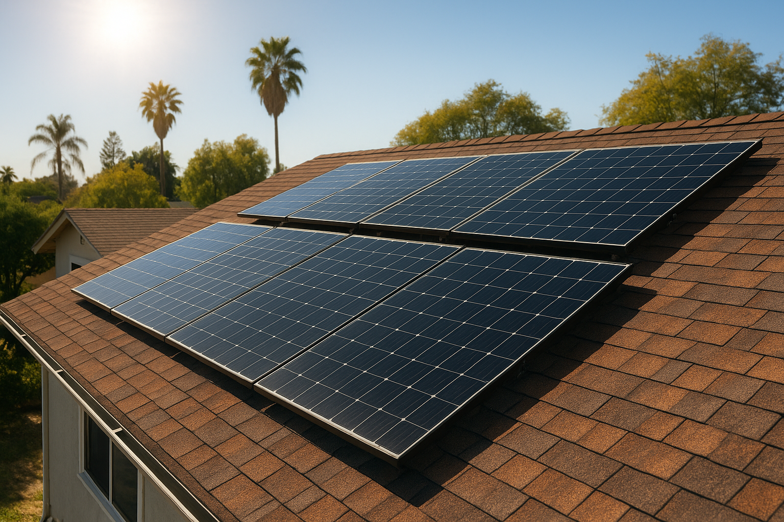 Rooftop with solar panels in bright sunlight, showcasing the impact of California's climate on roofing materials