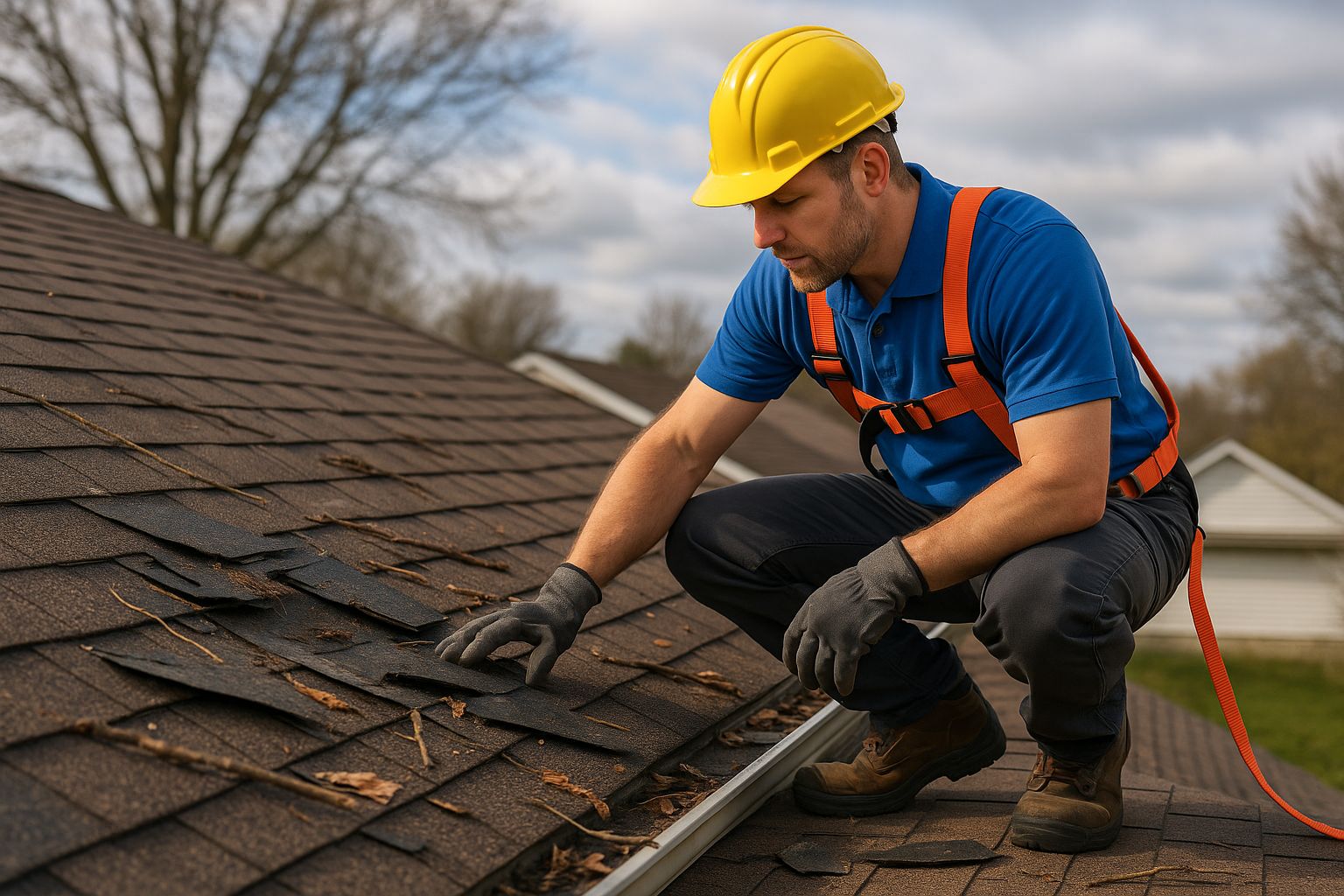 A professional roofer assessing roof damage after a windstorm, with scattered debris on the roof