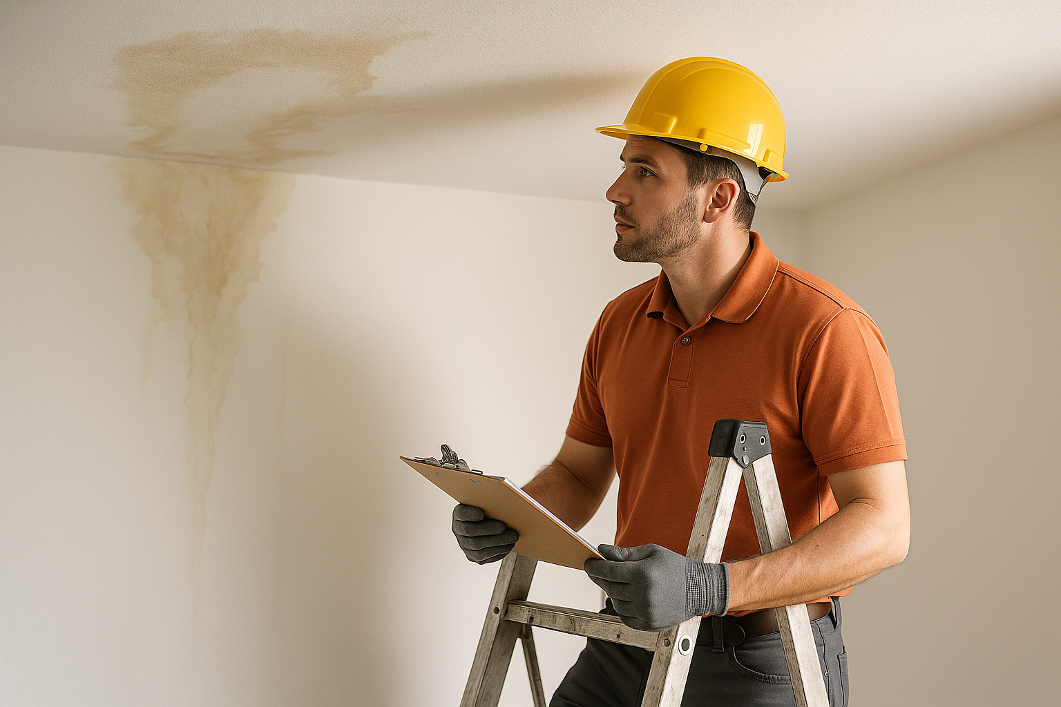 A professional roofer inspecting a roof with water stains visible on the interior ceiling