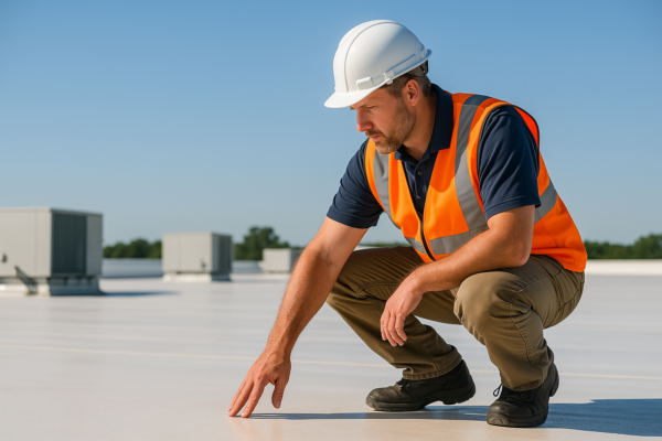 A professional roofer inspecting a large commercial roof for potential damage under clear blue skies