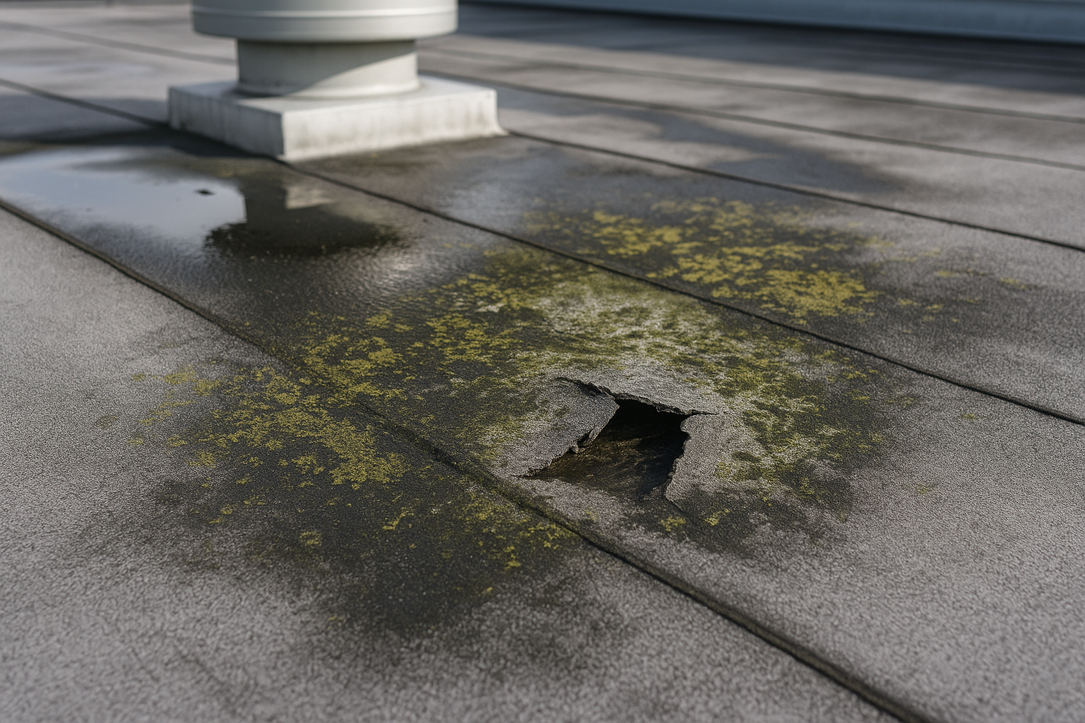 Close-up of a commercial roof with visible water damage and mold growth around a damaged area