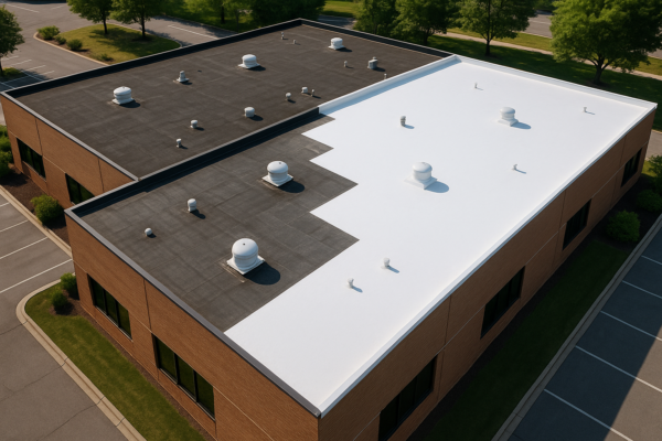 Aerial view of a commercial building with a large flat roof, showing both repaired and new sections