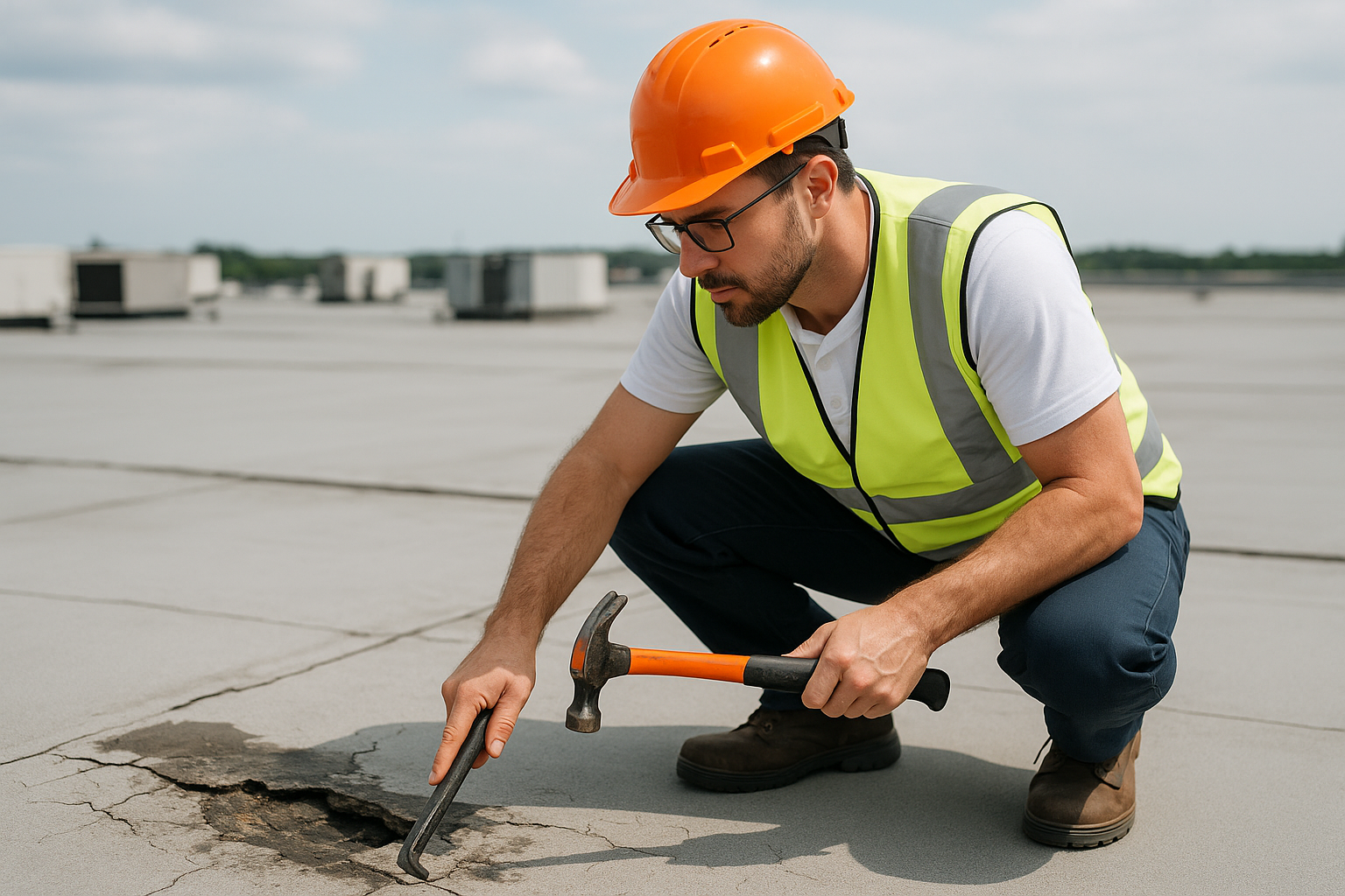 A professional roofer assessing a large commercial roof with visible damage and tools in hand