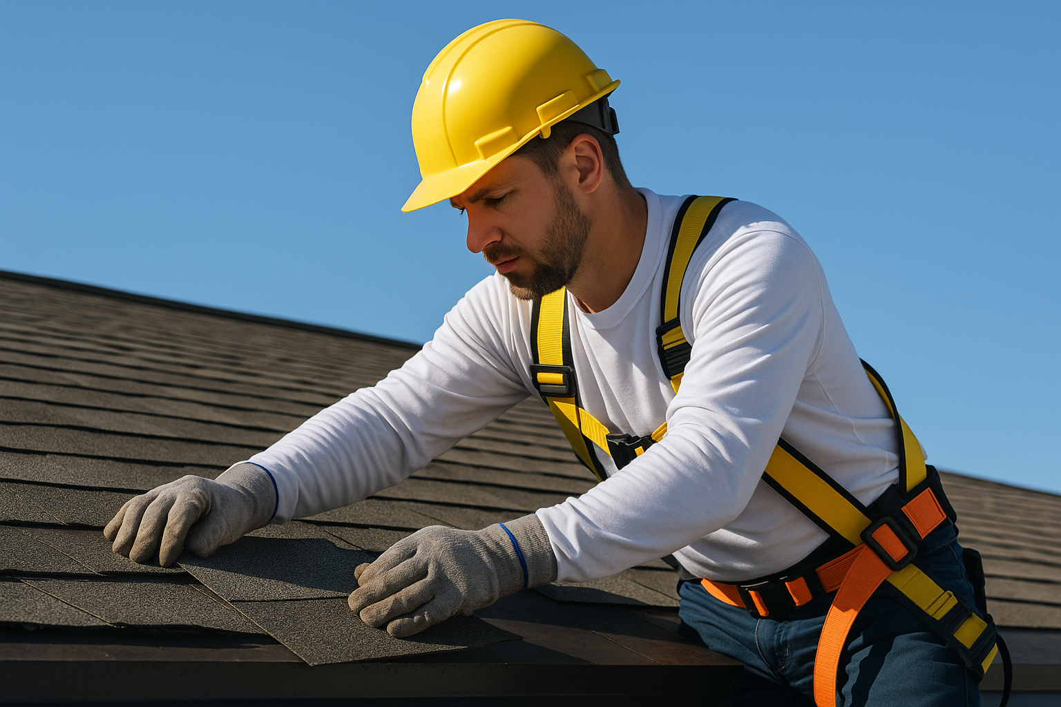 Close-up of a roofer with safety gear replacing old shingles with new ones on a commercial roof under a clear blue sky