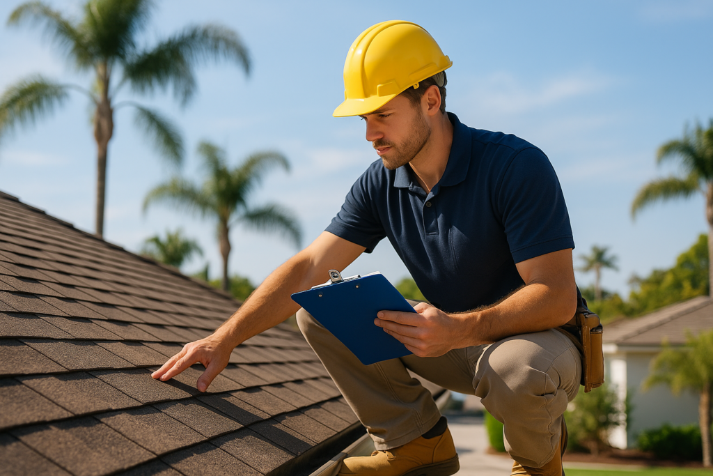A professional roofer examining a roof with a clipboard on a sunny California day