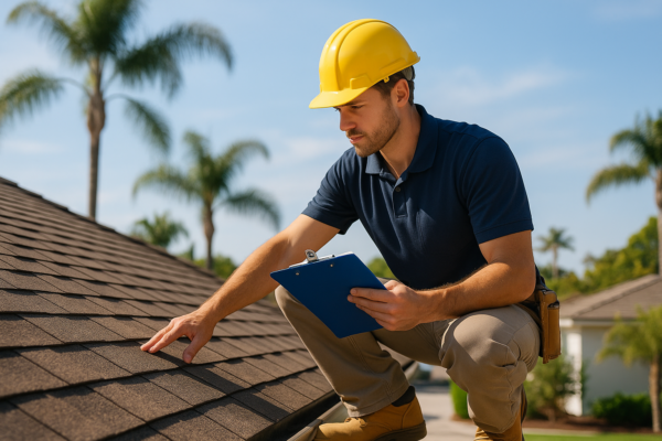A professional roofer examining a roof with a clipboard on a sunny California day