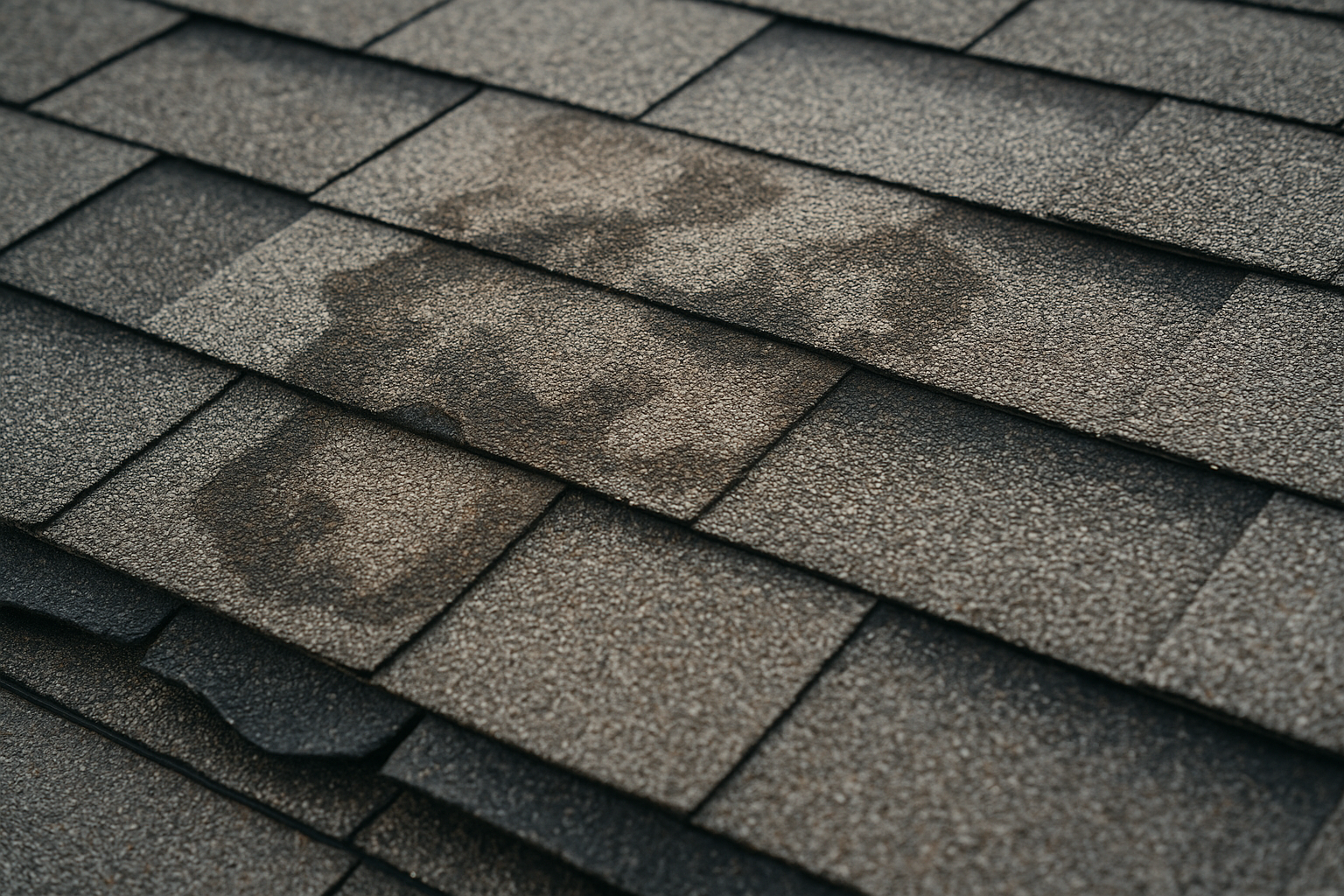 Close-up of damaged asphalt shingles with visible water staining and curling edges