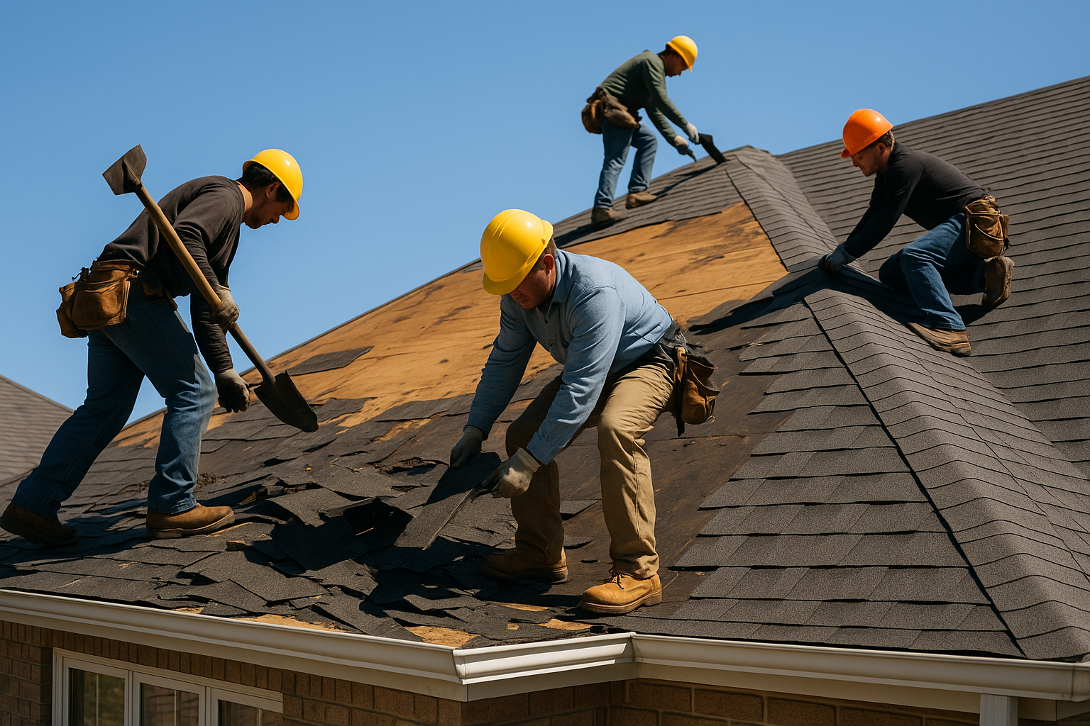 A roofing crew removing old shingles and installing new ones on a residential roof under clear blue skies
