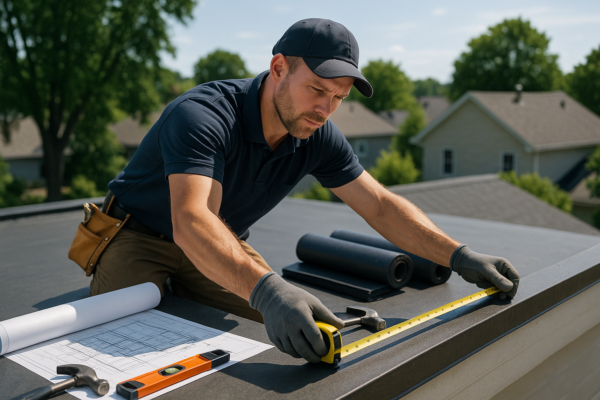 A professional roofer measuring a flat roof with various tools, blueprints, and materials visible around him on a sunny day