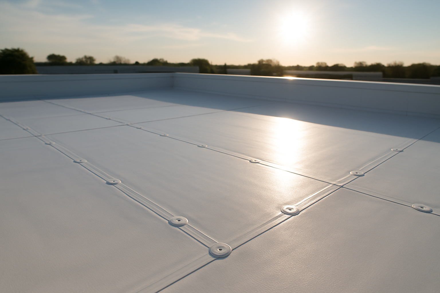 A close-up of a TPO roofing system installed on a commercial building, with the sun reflecting off the white surface