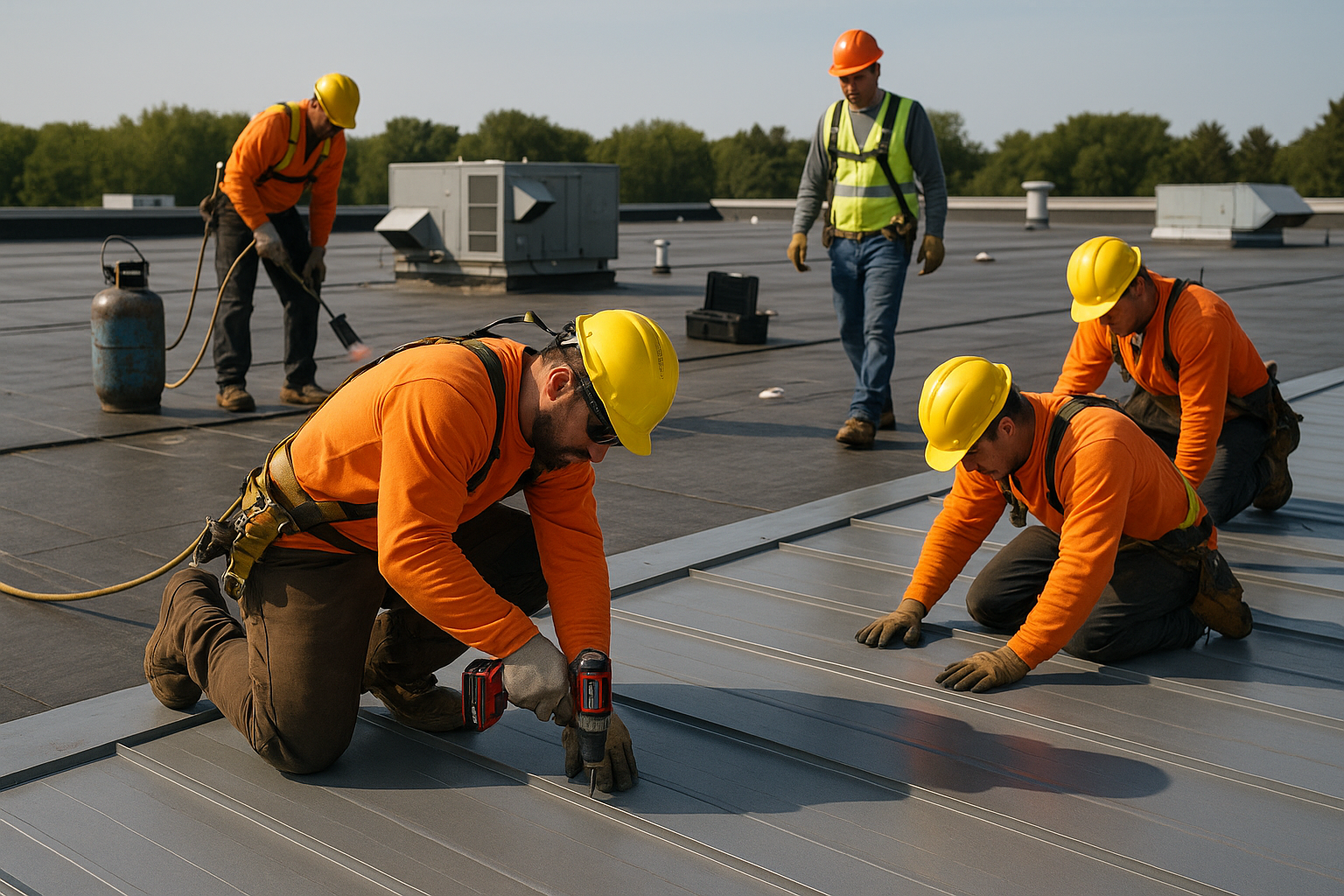 Roofers working on a large commercial roof, with various equipment and safety gear visible, illustrating the labor-intensive nature of roofing projects