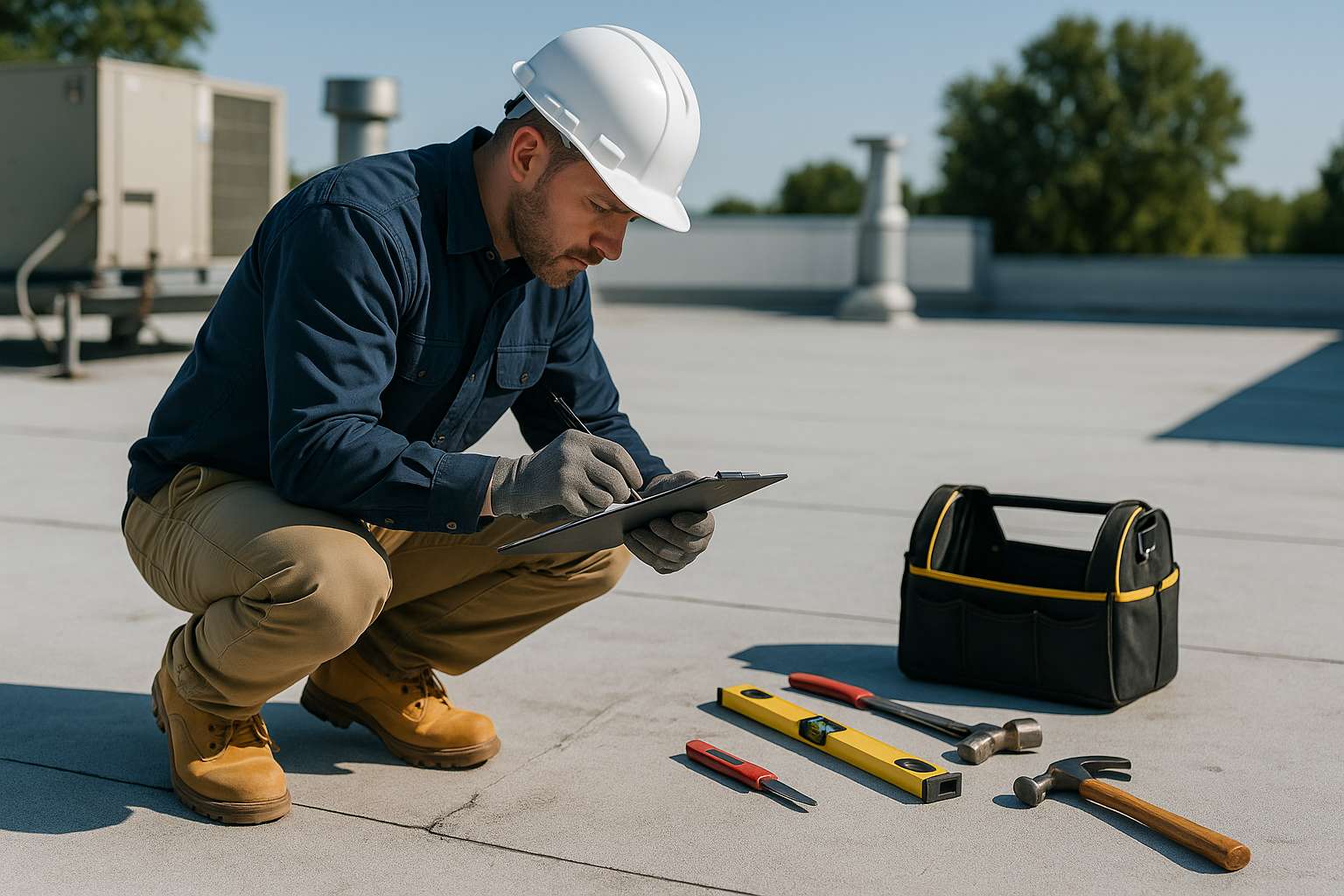 Roofer performing a thorough inspection on a flat commercial roof with various tools nearby
