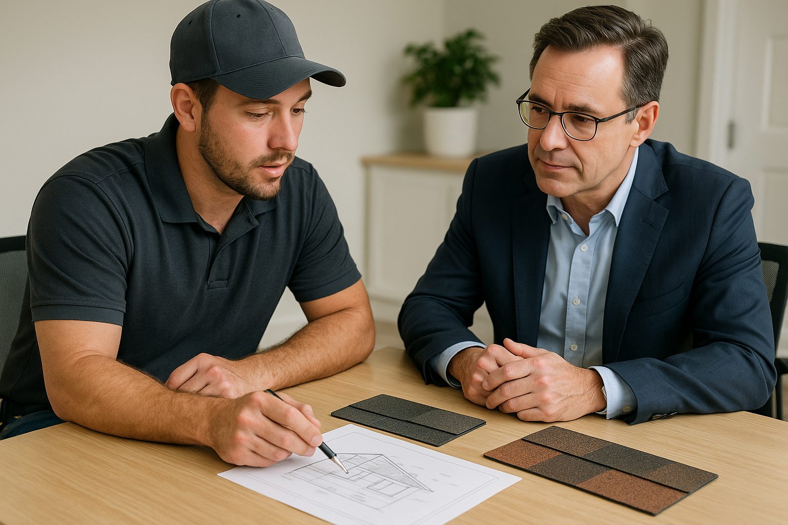 Contractor explaining a roofing quote to a business owner, with diagrams and samples on the table