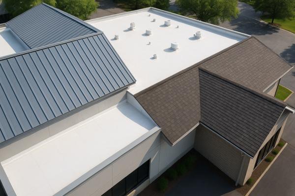 Aerial view of a large commercial building with a variety of roofing materials, including metal, TPO, and asphalt shingles