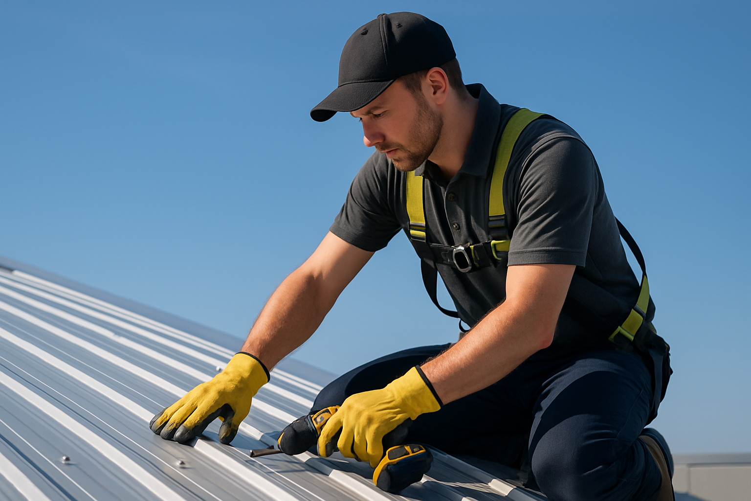 Close-up of a roofer inspecting and maintaining a commercial metal roof with clear blue skies in the background