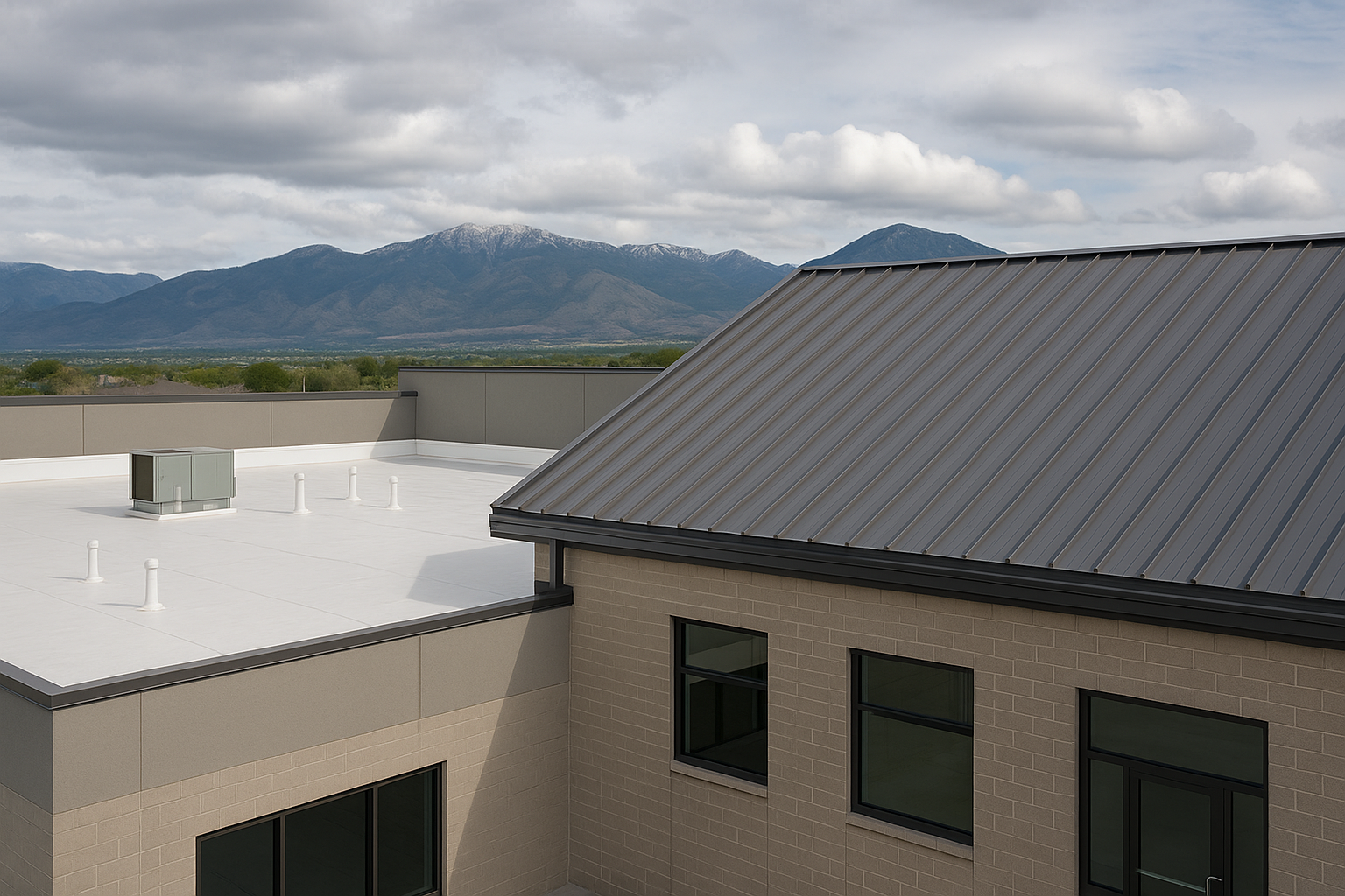 A commercial building with a combination of TPO and metal roofing, set against a backdrop of mountains under a cloudy sky
