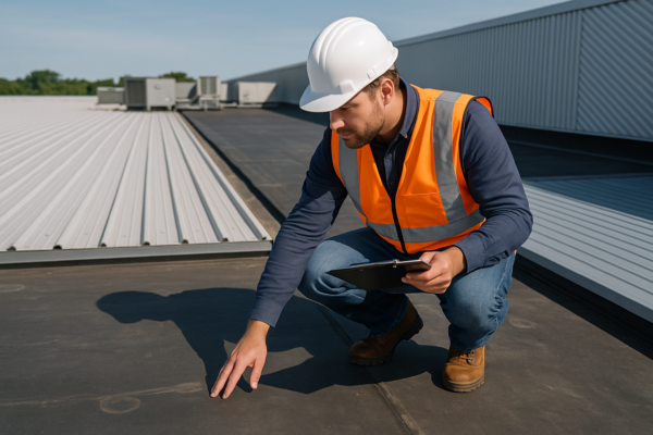 A professional roofing contractor inspecting a large commercial building roof, with a mix of rubber and metal materials visible.
