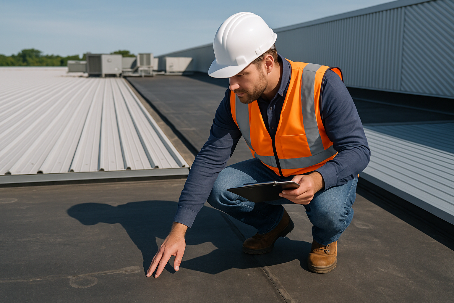 A professional roofing contractor inspecting a large commercial building roof, with a mix of rubber and metal materials visible.