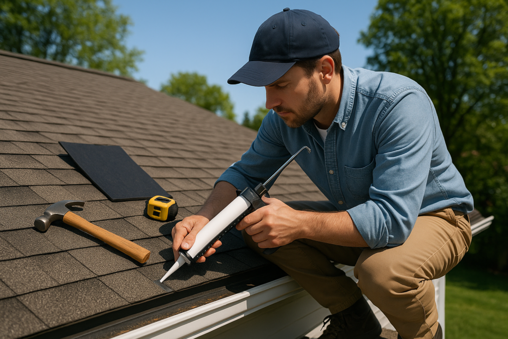 A homeowner applying sealant to a small roof leak on a sunny day, with tools and materials visible nearby