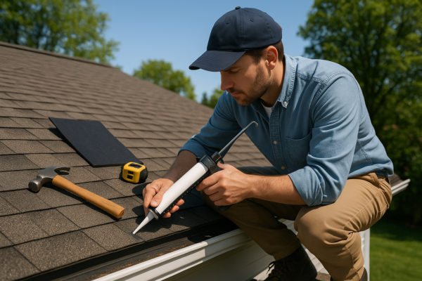 A homeowner applying sealant to a small roof leak on a sunny day, with tools and materials visible nearby