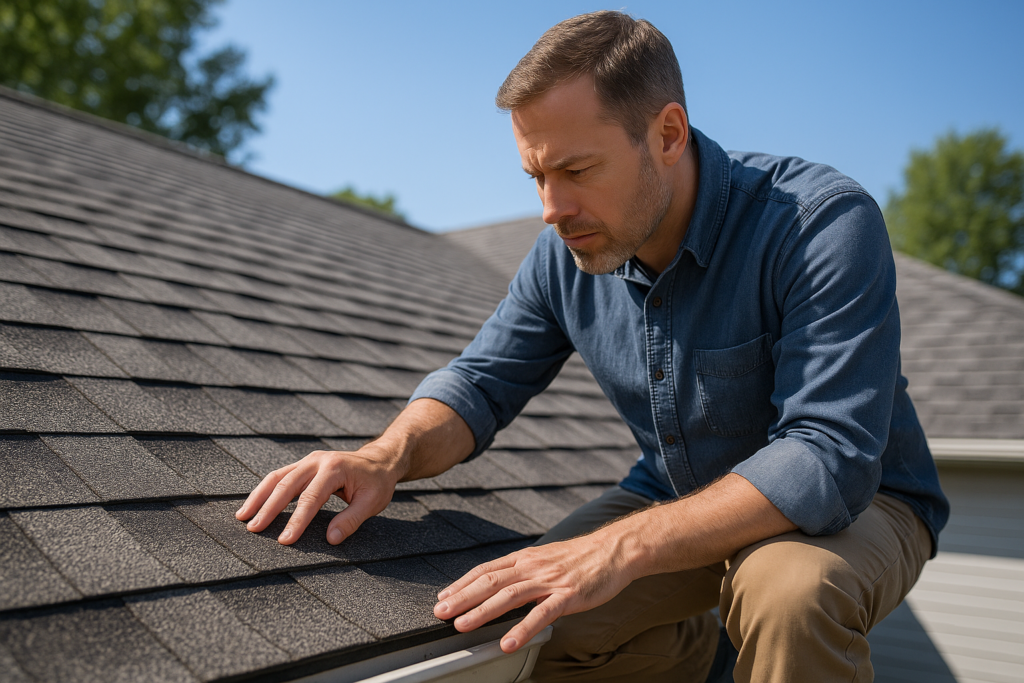 A homeowner examining roof shingles for signs of leaks on a sunny day