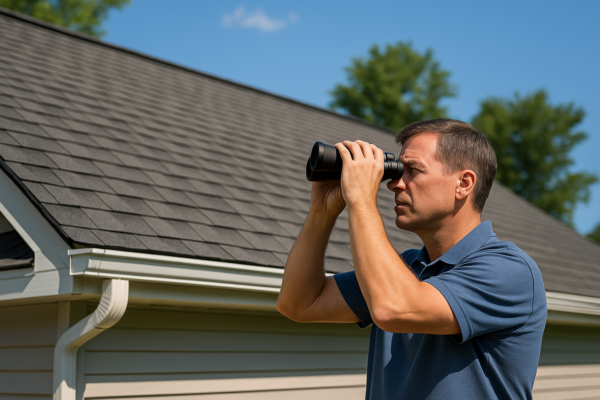 A homeowner examining a roof with binoculars on a sunny day, looking for signs of leaks