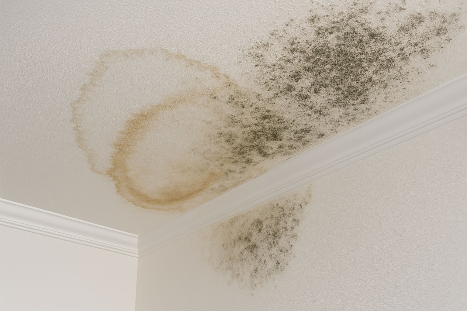 Close-up of water stains and mold on a home's ceiling, indicating a roof leak
