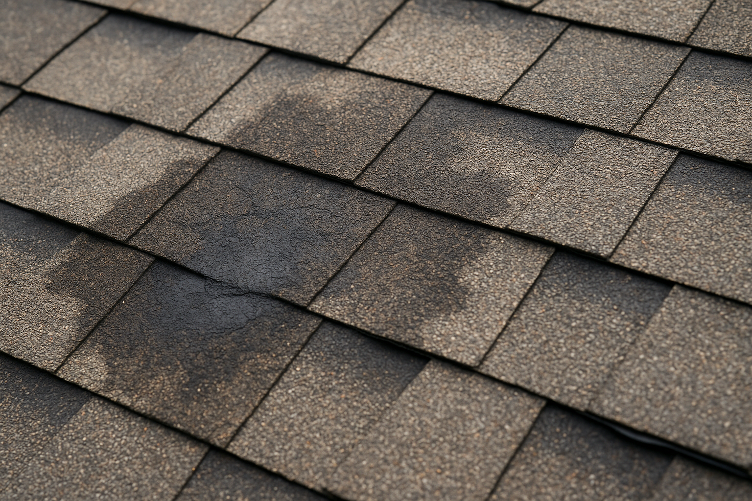 Close-up of damaged asphalt shingles with visible water staining and curling edges
