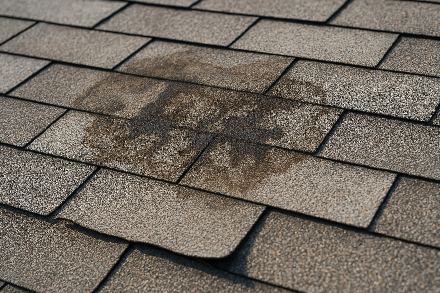 Close-up of damaged asphalt shingles with visible water staining and curling edges