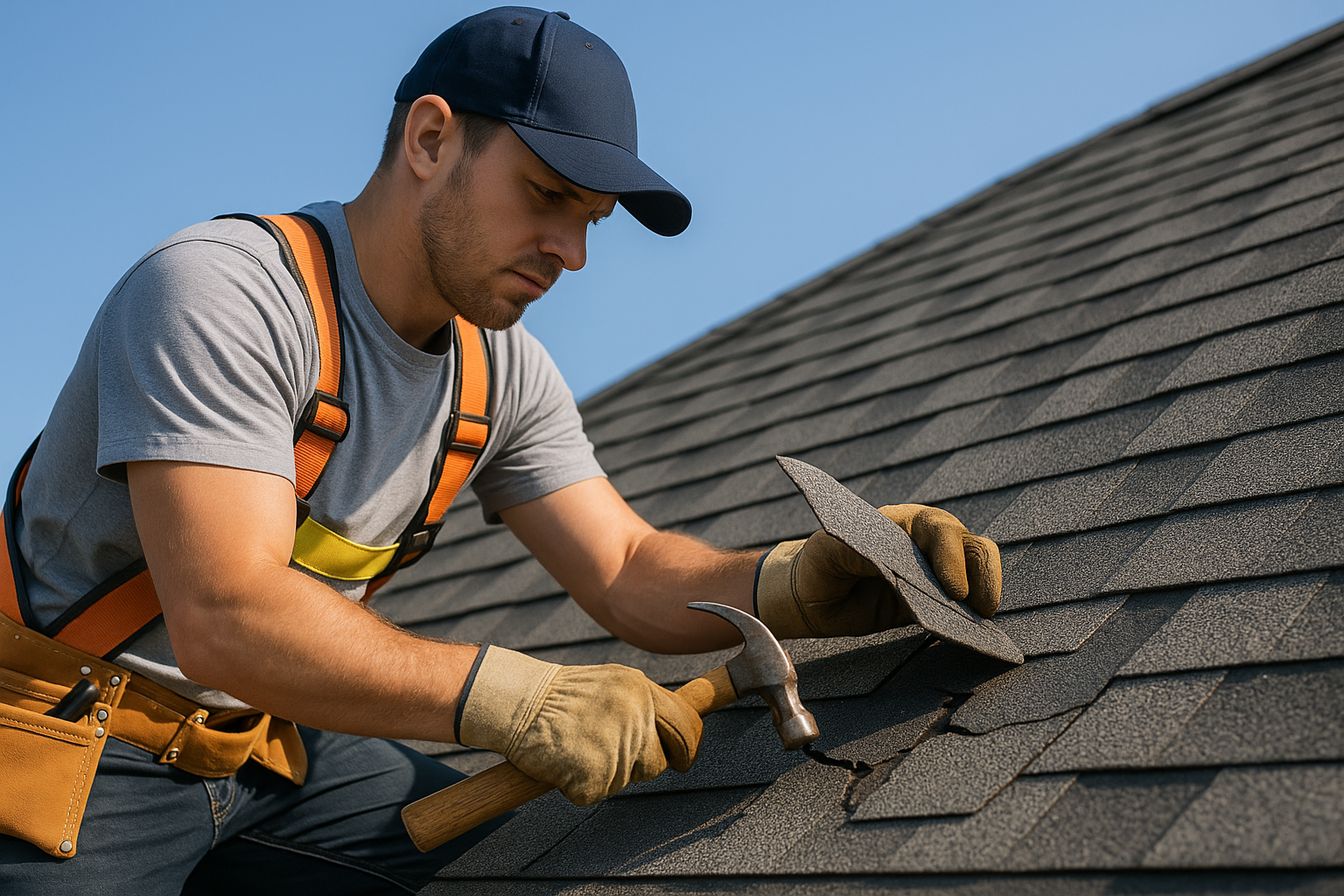 A professional roofer repairing broken asphalt shingles on a residential roof under clear skies