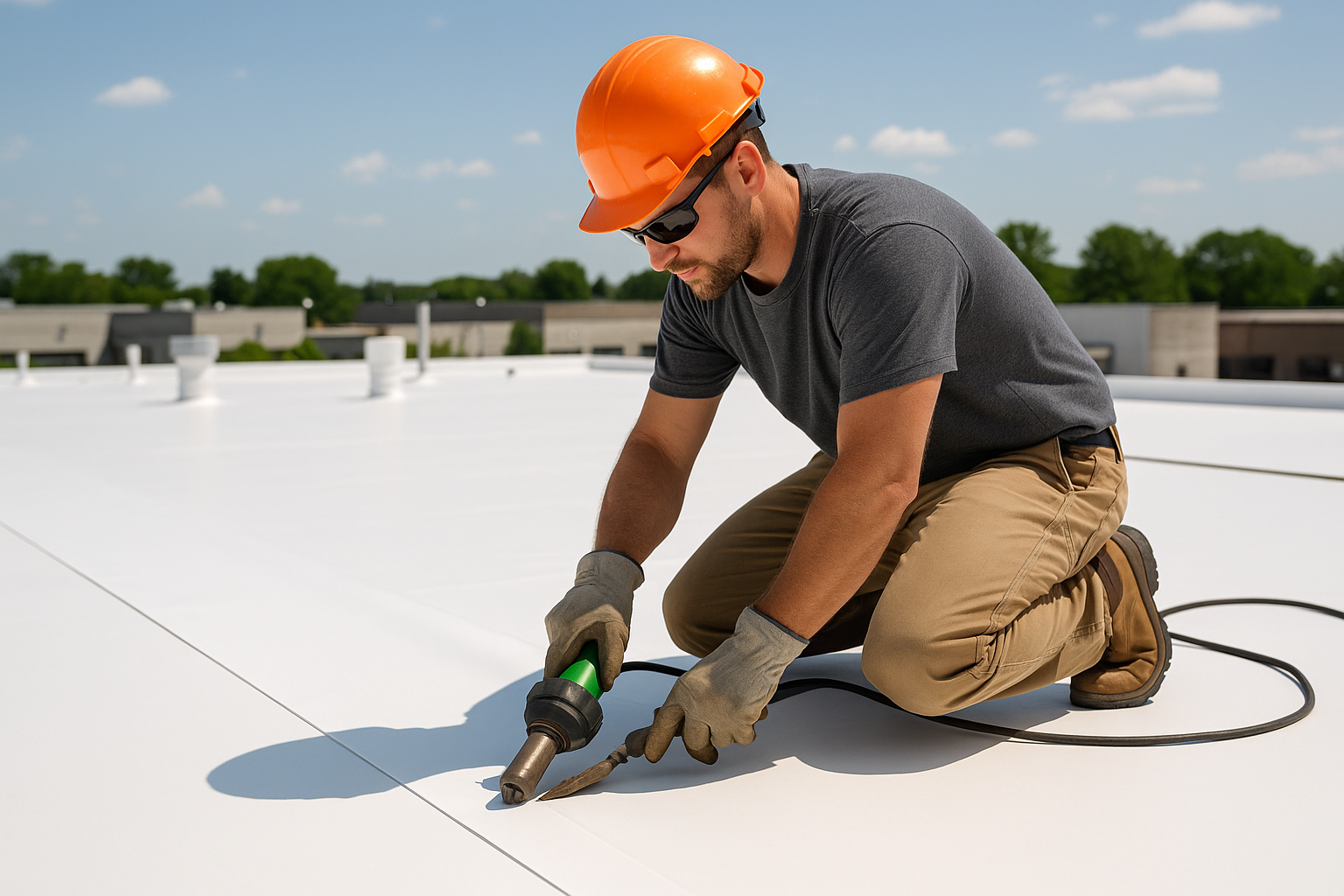 A professional roofer installing TPO membrane on a flat commercial roof on a sunny day
