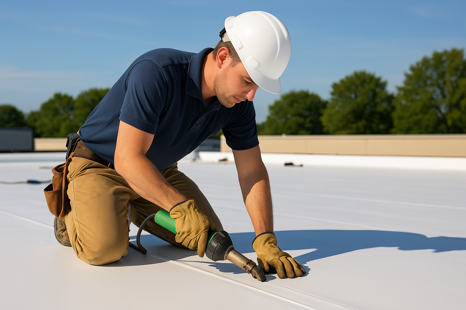A professional roofer installing TPO membrane on a flat commercial roof on a sunny day