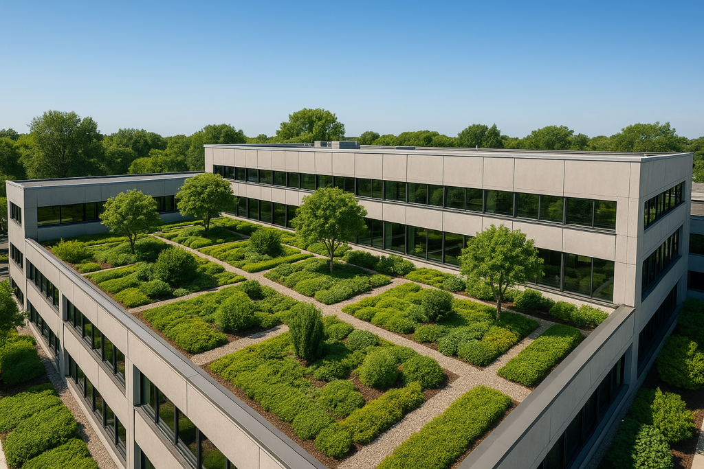 Aerial view of a commercial building with a lush, green rooftop garden under clear blue skies