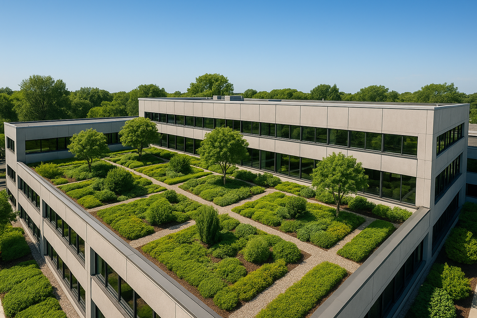 Aerial view of a commercial building with a lush, green rooftop garden under clear blue skies