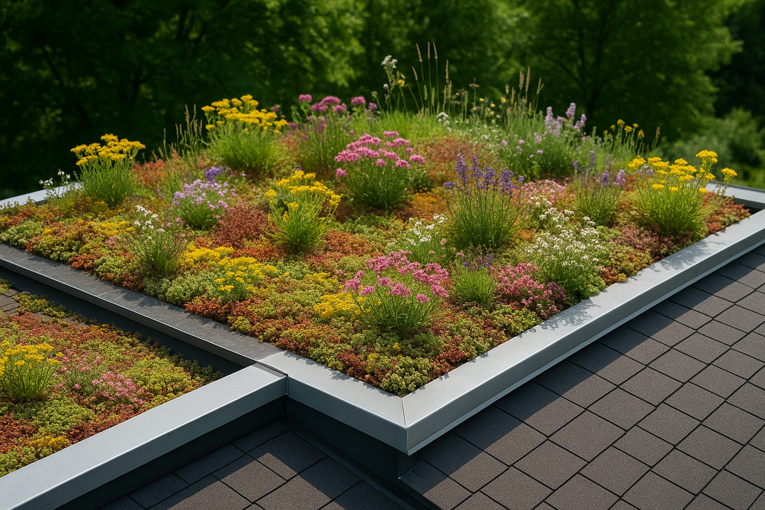 Rooftop garden with diverse plants and flowers, providing insulation and aesthetic appeal