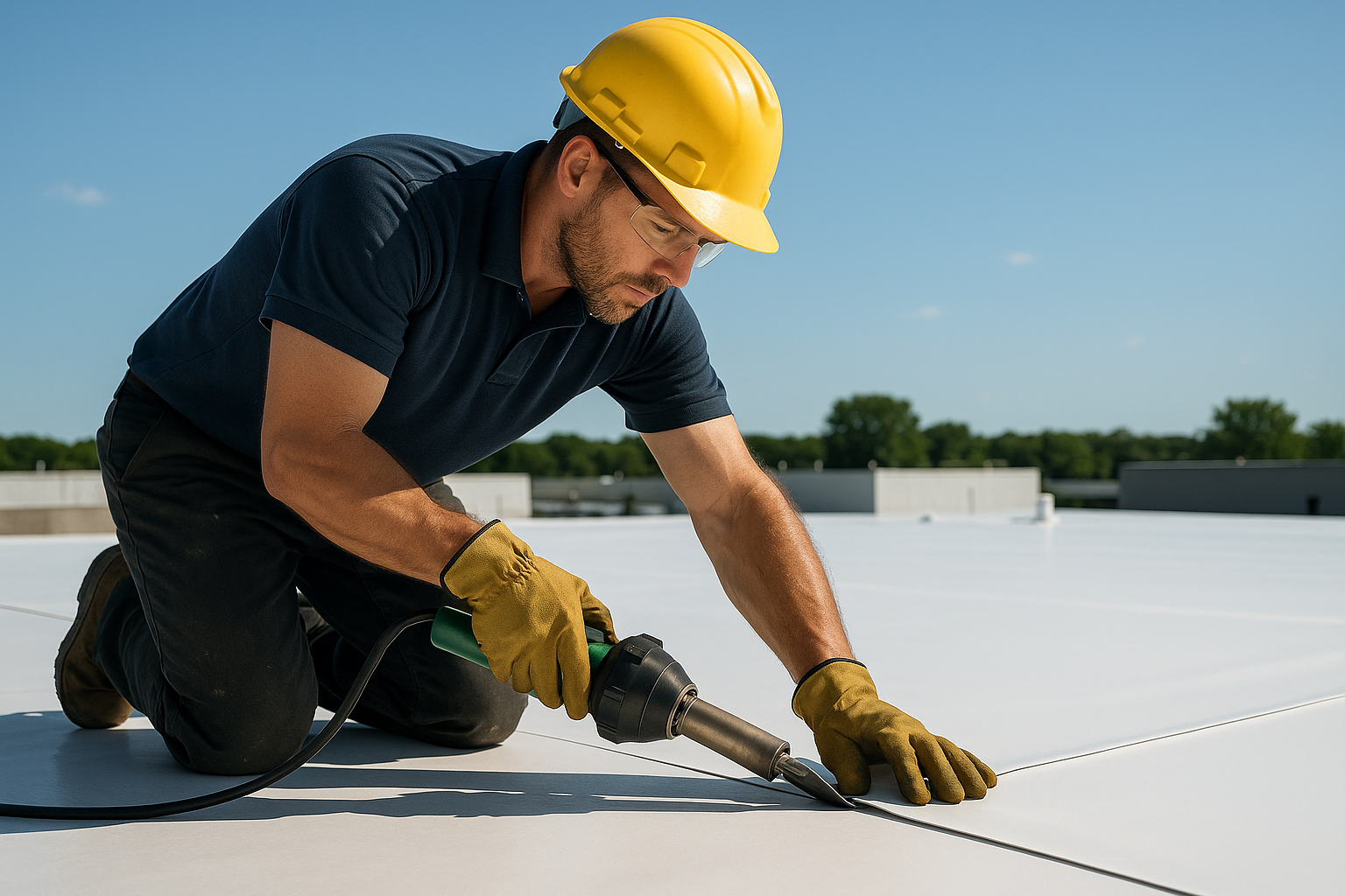 A professional roofer installing TPO membrane on a flat commercial roof on a sunny day