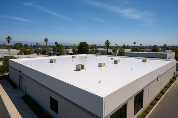 Aerial view of a commercial building with a reflective white roof under a sunny California sky