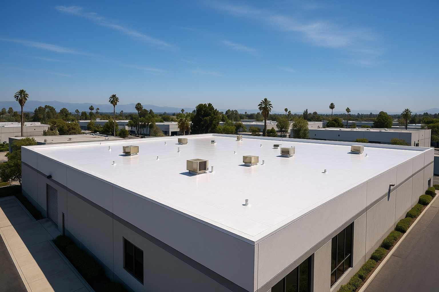 Aerial view of a commercial building with a reflective white roof under a sunny California sky