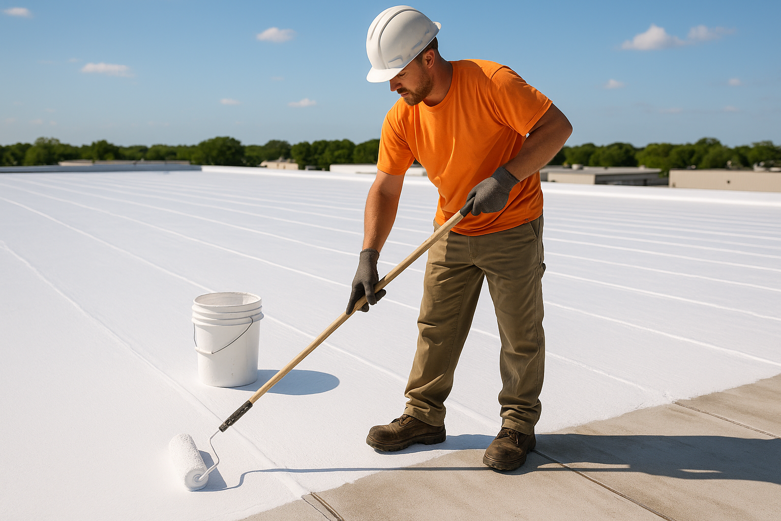 Roofer applying a reflective white coating to a large commercial roof with a roller brush