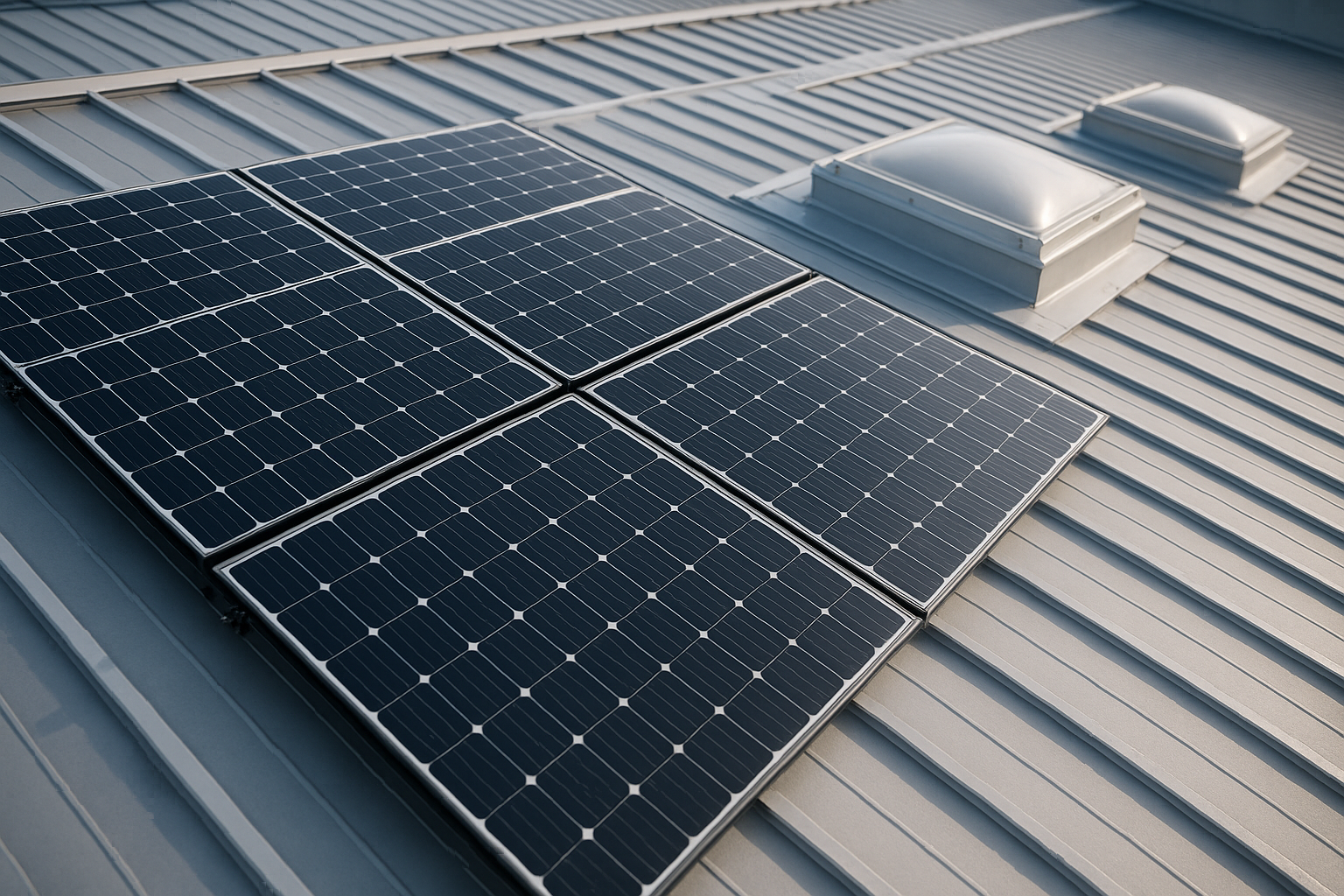 Close-up of solar panels integrated into a commercial roof next to skylights